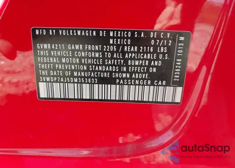 2013 Volkswagen Jetta 2.5L Se из США, поврежденный, VIN 3VWDP7AJ5DM353833